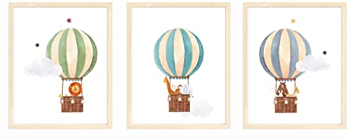 Hot Air Balloon Safari Animals Nursery Wall Prints, Play Room Decoration, Nursery Wall Art, Nursery Room Decor, Safari Animals Print Set, Unframed, Set of 3 Prints, 8x10"