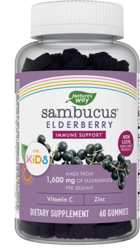 Nature’s Way Sambucus Elderberry Gummies for Kids, Immune Support Gummies*, with Vitamin C and Zinc, Delicious Berry Flavor, 60 Gummies