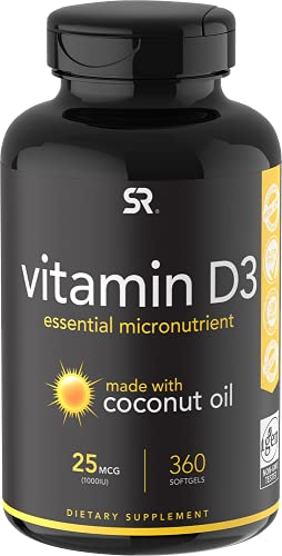 Vitamin D3 1000iu (25mcg) Infused with Coconut Oil ~ Immune & Bone Support ~ Non-GMO Verified, Soy & Gluten Free (360 Mini Liquid Softgels)