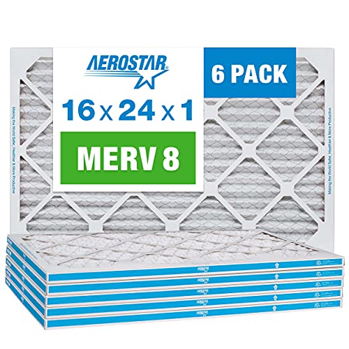 Aerostar 16x24x1 MERV 8 Pleated Air Filter, AC Furnace Air Filter, 6 Pack (Actual Size: 15 3/4"x 23 3/4" x 3/4")