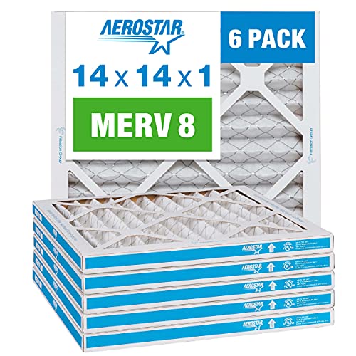 Aerostar 14x14x1 MERV 8 Pleated Air Filter, AC Furnace Air Filter, 6 Pack (Actual Size: 13 3/4"x13 3/4"x3/4")