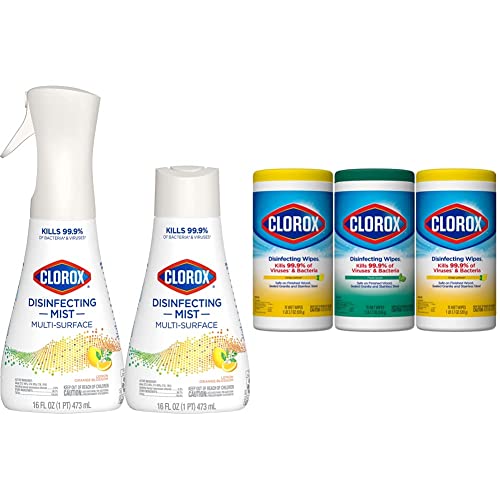 Clorox Cleaning Bundle - Clorox Disinfecting Mist Lemon and Orange Blossom Scent (1 Spray Bottle & 1 Refill, 16 Fl Oz Each) & Clorox Disinfecting Wipes (3-Pack, 75ct Each)