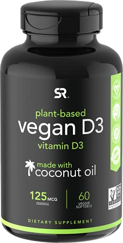 Vegan Vitamin D3 5000iu (125mcg) with Coconut Oil | 100% Plant-Based Vitamin D Supplement for Bone, Joint & Immune Support | Carrageenan Free, Vegan Certified & Non-GMO Verified (60 PlantGels)