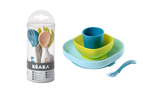 BEABA Toddler Self Feeding Cutlery and Silicone 4-Piece Meal Set - Soft, Unbreakable, Non-Slip Suction Bottom