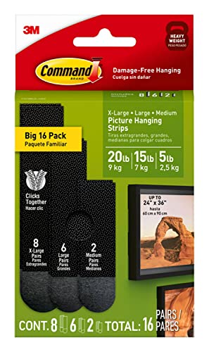 Command Black Picture Hanging Strip Mixed Pack, 16 Pairs Including Command Strips Heavy Duty, Damage-Free Heavyweight Hanging