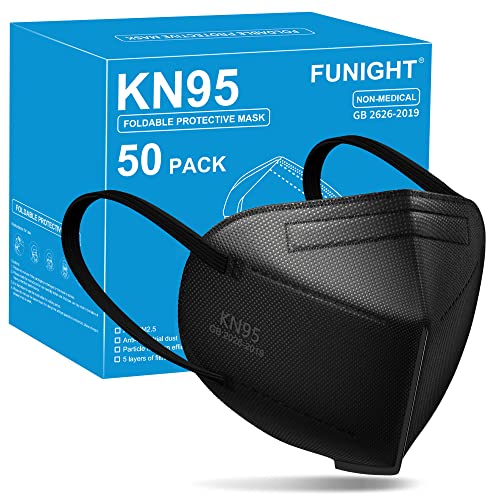 Funight KN95 Face Masks 50 Pack 5-Ply Breathable Filter Disposable Face Masks Black