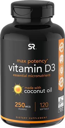 Sports Research 10,000 iu Vitamin D3 Supplement with Organic Coconut Oil - Vitamin D for Strong Bones & Immune Health - Supports Calcium Absorption - Non-GMO - 250mcg, 120 Mini Softgels for Adults