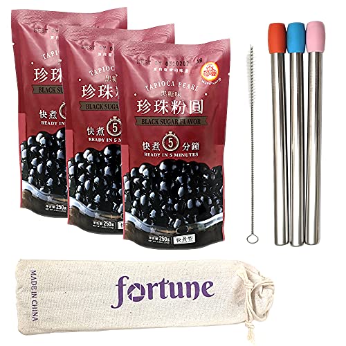 Boba Tapioca Pearl Bubble Tea Drink DIY Set | WuFuYuan Black Large Balls 8.8oz (3 pack) + 3 FortuneHouse Reusable Stainless Steel Round Boba Straws, 3 Silicone Tips, 1 Cleaning Brush, 1 Canvas Bag