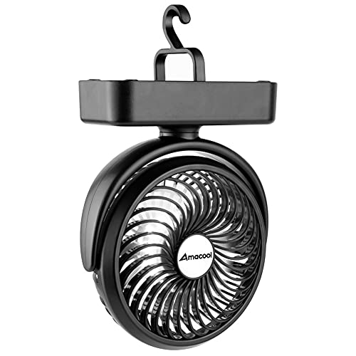 Portable Camping Fan with LED Lantern- 40H Work Time Rechargeable Battery Operated Fan with Hanging Hook for Tent Car RV Hurricane Emergency Outages Survival Kit