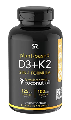 Sports Research Vegan Vitamin D3 + K2 Supplement with Organic Coconut Oil - 5000iu Vitamin D with 100mcg Mk7 Vitamin K - Supports Calcium for Stronger Bones & Immune Health - 60 Softgels for Adults