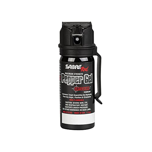 SABRE Crossfire Pepper Gel, Deploys At Any Angle, Maximizes Target Acquisition Against Multiple Threats, Belt Clip For Easy Carry, Flip Top Safety, Maximum Police Strength OC Spray, 18 Bursts