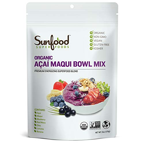 Sunfood Superfoods Acai Maqui Bowl Mix Powder. No Added Sugars, Artificial Flavors, Colors, or Preservatives. 100% Natural Organic Ingredients. Low Calorie Healthy Snack. 6 oz Bag, 11 Servings