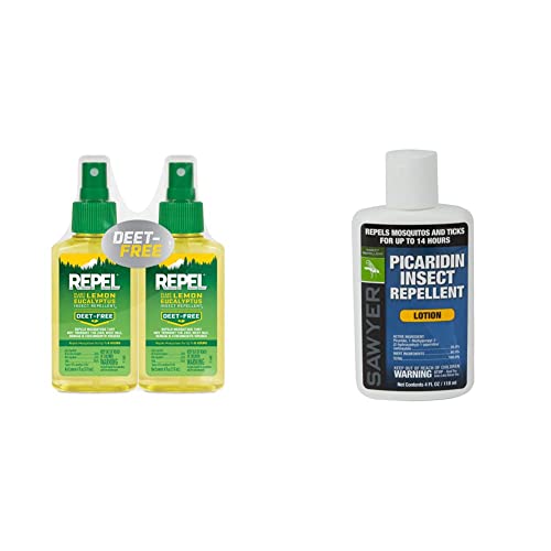 REPEL Plant-Based Lemon Eucalyptus Insect Repellent, Pump Spray, 4-Ounce, Pack of 2 & Sawyer Products SP564 Premium Insect Repellent with 20% Picaridin, Lotion, 4-Ounce