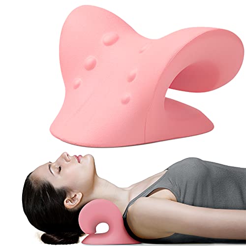 Neck and Shoulder Relaxer, Cervical Traction Device for TMJ Pain Relief and Cervical Spine Alignment, Chiropractic Pillow, Neck Stretcher(Pink)