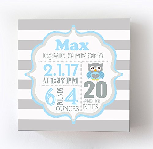 Personalized Stretched Canvas, Striped Birth Announcement, Custom Baby Name, Date, Weight Stats, Safari Owl Nursery Wall Decor, Wooden Frame Construction, Ready to Hang 24X24