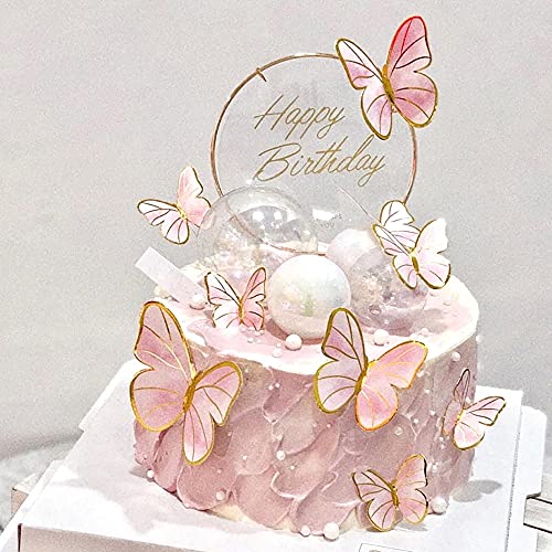 Pink Butterfly Cake Toppers, 11pcs Butterfly Cupcake Toppers Happy Birthday Metal Gold Cake Topper for Girls Women's Birthday Cake Party Decorations