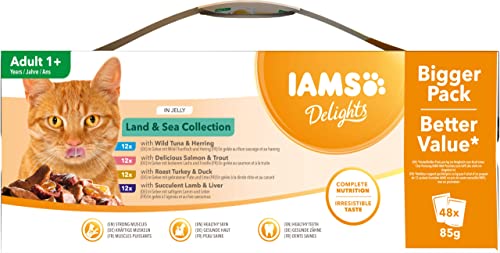 IAMS Delights Wet Food Land & Sea Collection for Adult Cats with Meat and Fish in Jelly, 48 x 85g