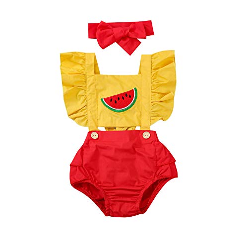 JIUJIUMI Newborn Baby Girl Romper Fly Sleeve Backless Cute Watermelon Print Stitching Suspender Bodysuit+Headband Summer Clothes (Yellow red, 18-24 Months)