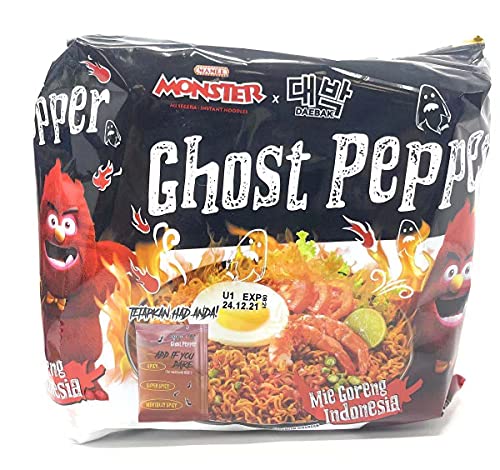 Daebak Ghost Pepper Spicy Black Noodles Tik Tok Spicy Challenge Spicest Instant Noodle ever created, Authentic Spicy Recipe Hottest Pepper in the World Asmr (4 Packs Ghost Pepper Mie Goreng)