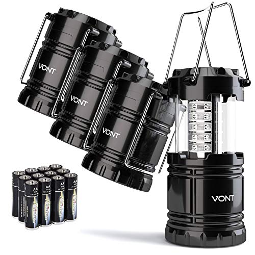 Vont 4 Pack LED Camping Lantern, LED Lanterns, Suitable Survival Kits for Hurricane, Emergency Light for Storm, Outages, Outdoor Portable Lanterns, Black, Collapsible, (Batteries Included)