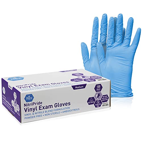 Med PRIDE NitriPride Nitrile-Vinyl Blend Exam Gloves, Medium 100 - Powder Free, Latex Free & Rubber Free - Single Use Non-Sterile Protective Gloves for Medical Use, Cooking, Cleaning & More