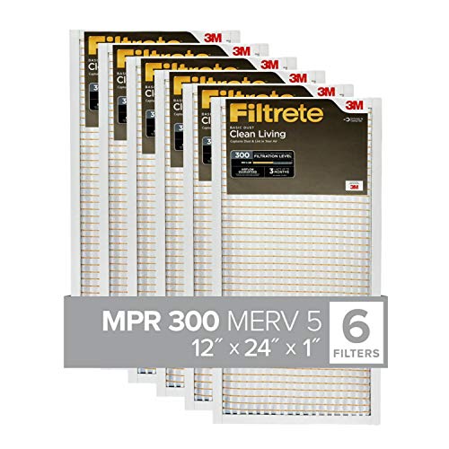 Filtrete 12x24x1, AC Furnace Air Filter, MPR 300, Clean Living Basic Dust, 6-Pack (exact dimensions 11.69 x 23.69 x 0.81)