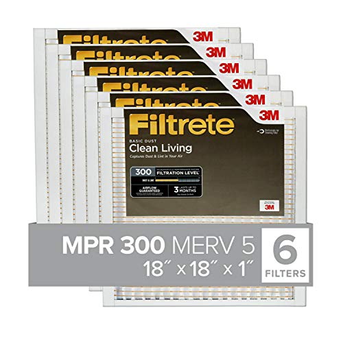 Filtrete 18x18x1, AC Furnace Air Filter, MPR 300, Clean Living Basic Dust, 6-Pack (exact dimensions 17.81 x 17.81 x 0.81)