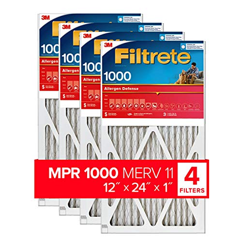 Filtrete 12x24x1, AC Furnace Air Filter, MPR 1000, Micro Allergen Defense, 4-Pack (exact dimensions 11.69 x 23.69 x 0.81)