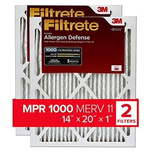 Filtrete 14x20x1, AC Furnace Air Filter, MPR 1000, Micro Allergen Defense, 2-Pack (exact dimensions 13.781 x 19.781 x 0.84)