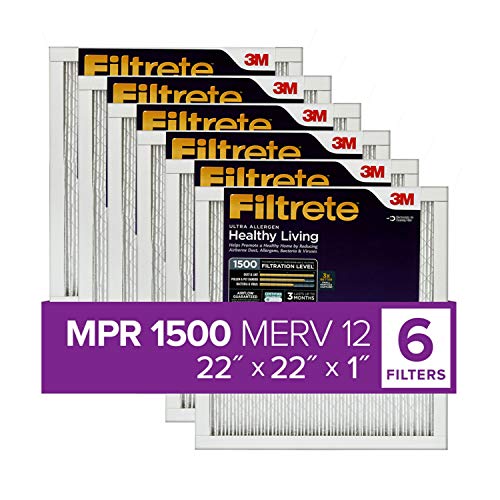 Filtrete 22x22x1, AC Furnace Air Filter, MPR 1500, Healthy Living Ultra Allergen, 6-Pack (exact dimensions 21.69 x 21.69 x 0.78)