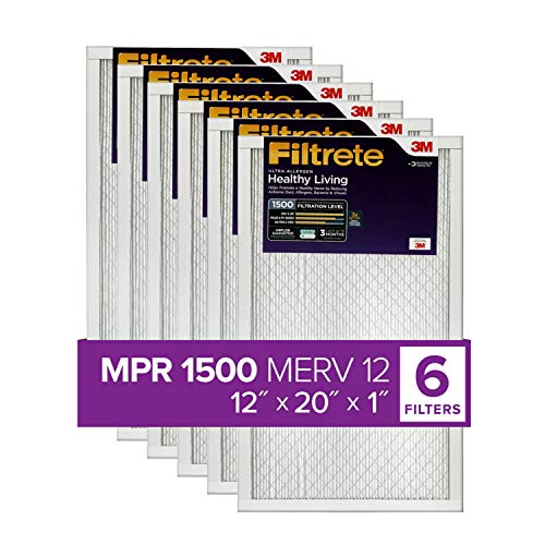 Filtrete 12x20x1, AC Furnace Air Filter, MPR 1500, Healthy Living Ultra Allergen, 6-Pack (exact dimensions 11.81 x 19.81 x 0.78)