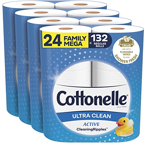 Cottonelle Ultra Clean Toilet Paper with Active CleaningRipples Texture, Strong Bath Tissue, 24 Family Mega Rolls (24 Family Mega Rolls = 132 Regular Rolls) (4 Packs of 6 Rolls) 388 Sheets per Roll