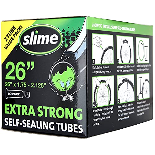 Slime 30074 Bike Inner Tubes Puncture Sealant, Extra Strong, Self Sealing, Prevent and Repair, Schrader Valve, 26" x1.75-2.125", Value 2-Pack