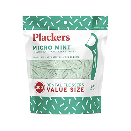 Plackers Micro Mint Dental Flossers, Fresh Mint Flavor, Fold-Out Toothpick, Super Tuffloss, Easy Storage with Sure-Zip Seal, 300 Count (Pack of 1)