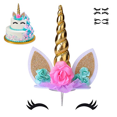 coonoe, Unicorn Cake Topper,Handmade Party Cake Decoration Supplies with Eyelashes and stack,Reuasble Gold Horn for Birthday Party,Baby Shower, Wedding