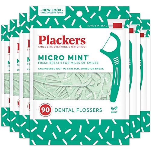 Plackers Micro Mint Dental Floss Picks, 90 Count, Pack of 6, Green