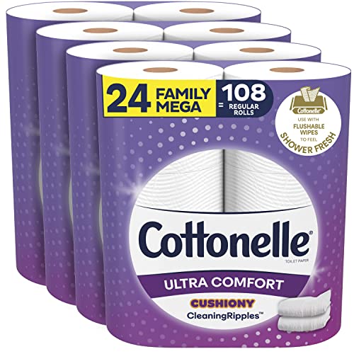 Cottonelle Ultra Comfort Toilet Paper with Cushiony CleaningRipples Texture, 24 Family Mega Rolls (24 Family Mega Rolls = 108 regular rolls) (4 Packs of 6 Rolls) 325 Sheets per Roll