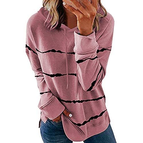 Tigivemen Women's Plus Size Tops Fashion Casual Stripe Print Hooded Long Sleeve Loose T Shirt Trench Coats Outerwear Pink