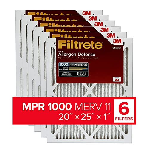 Filtrete 20x25x1, AC Furnace Air Filter, MPR 1000, Micro Allergen Defense, 6-Pack (exact dimensions 19.69 x 24.69 x 0.81)