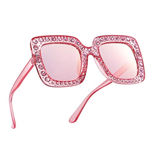 Amosfun sunglasses for women glasses rhinestone bling face mask bejeweled studded oversized flame- Women Oversized Square Crystal Thick- Frame Sunglasses Anti- UV Sunglass