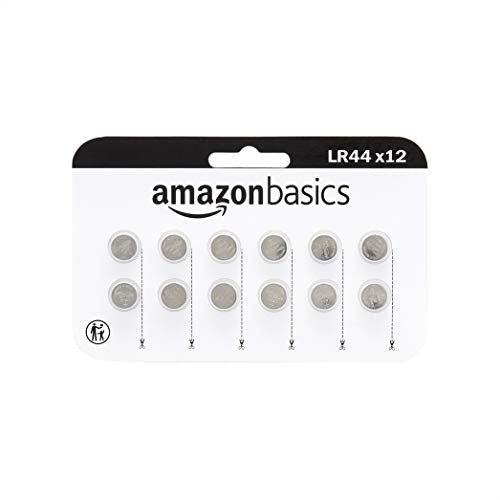 Amazon Basics 12 Pack LR44 1.5 Volt Alkaline Button Cell Battery, Long Lasting Power in Child Resistant Packaging