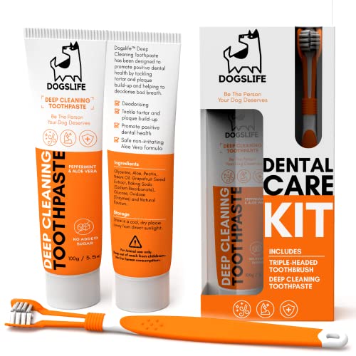 Dog Toothbrush with Toothpaste | Approved Dog Dental Kit | Triple Headed Deep Cleaning Toothbrush for Dogs + 100% Natural Toothpaste | Freshen Breathe & Remove Plaque from Teeth