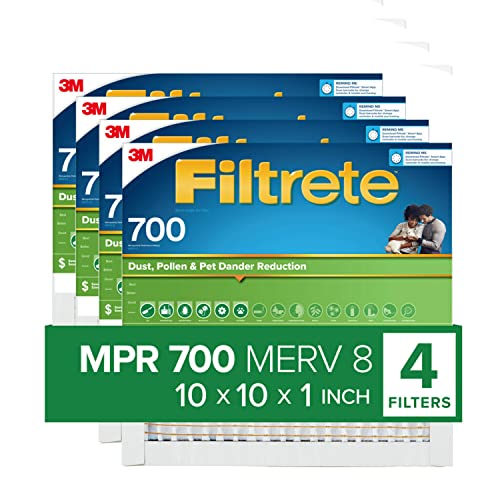 Filtrete 10x10x1 AC Furnace Air Filter, Merv 8 MPR 700, Dust, Pollen, & Pet Dander, 4-Pack (exact dimensions 9.81x9.81x1.63)