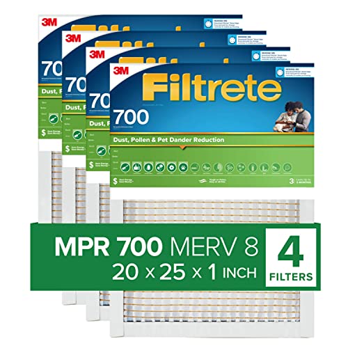 Filtrete 20x25x1 AC Furnace Air Filter, Merv 8 MPR 700, Dust, Pollen, & Pet Dander, 4-Pack (exact dimensions 25.56x19.88x1.56)