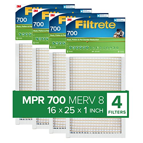 Filtrete 16x25x1 AC Furnace Air Filter, Merv 8 MPR 700, Dust, Pollen, & Pet Dander, 4-Pack (exact dimensions 24.69x15.69x1.56)