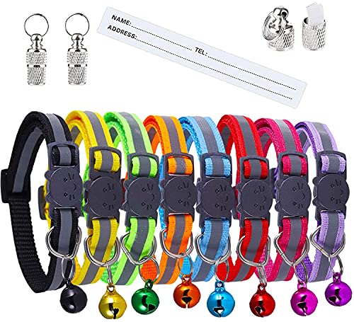 Extodry 10 Pack Reflective Cat Collars,kitten collar with Bells and Safety Quick Release Buckle,Adjustable 7.5''-12.5'',Suitable for Most Domestic (8 Colors & 2 pack Anti-Lost Tags)