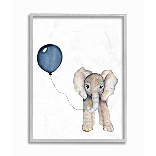 Stupell Industries Baby Elephant with Blue Balloon Grey Framed Wall Art, 16 x 20, Design by Artist Daphne Polselli