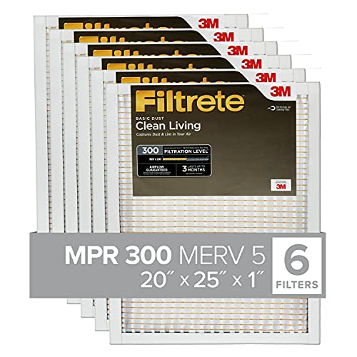 Filtrete 20x25x1, AC Furnace Air Filter, MPR 300, Clean Living Basic Dust, 6-Pack (exact dimensions 19.69 x 24.69 x 0.81)