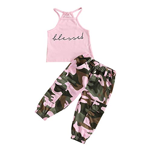 Toddler Kids Girl Outfits Off Shoulder Tank Tops Camouflage Trousers Pants Baby Fashion Clothes 2Pcs Set (Pink, 4-5T)