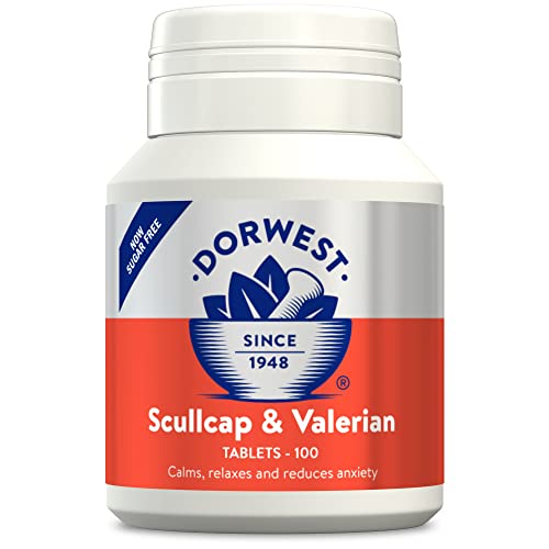 Dorwest Herbs Scullcap & Valerian Calming Tablets for Dogs and Cats, 100 Tablets, Natural Dog Calming Supplements for Stress and Anxiety Relief – Sugar-Free, Non-Drowsy